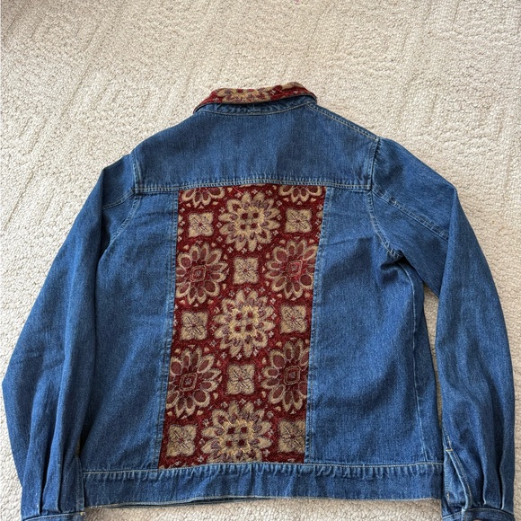 Coldwater Creek Blue Denim Jacket with Red & Gold Tapestry Collar - Picture 3 of 4